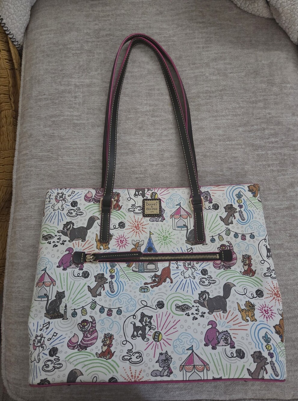 Disney Multicolor Cat-Print Tote with Dark Brown and Pink Trim